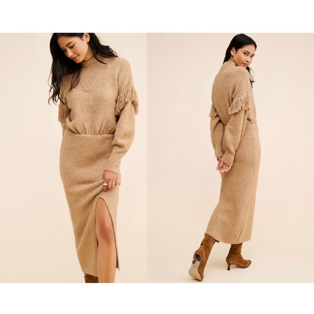 Saylor "Angelle" Fringe-Sleeve Sweater Dress – Camel – Size L